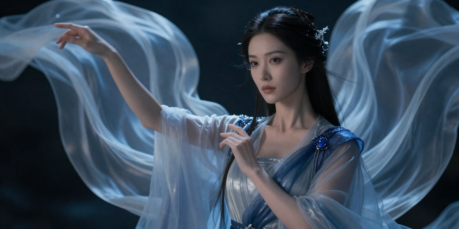 fictional consenting adult woman age 30 as an original fantasy muse in flowing translucent fabric, dramatic