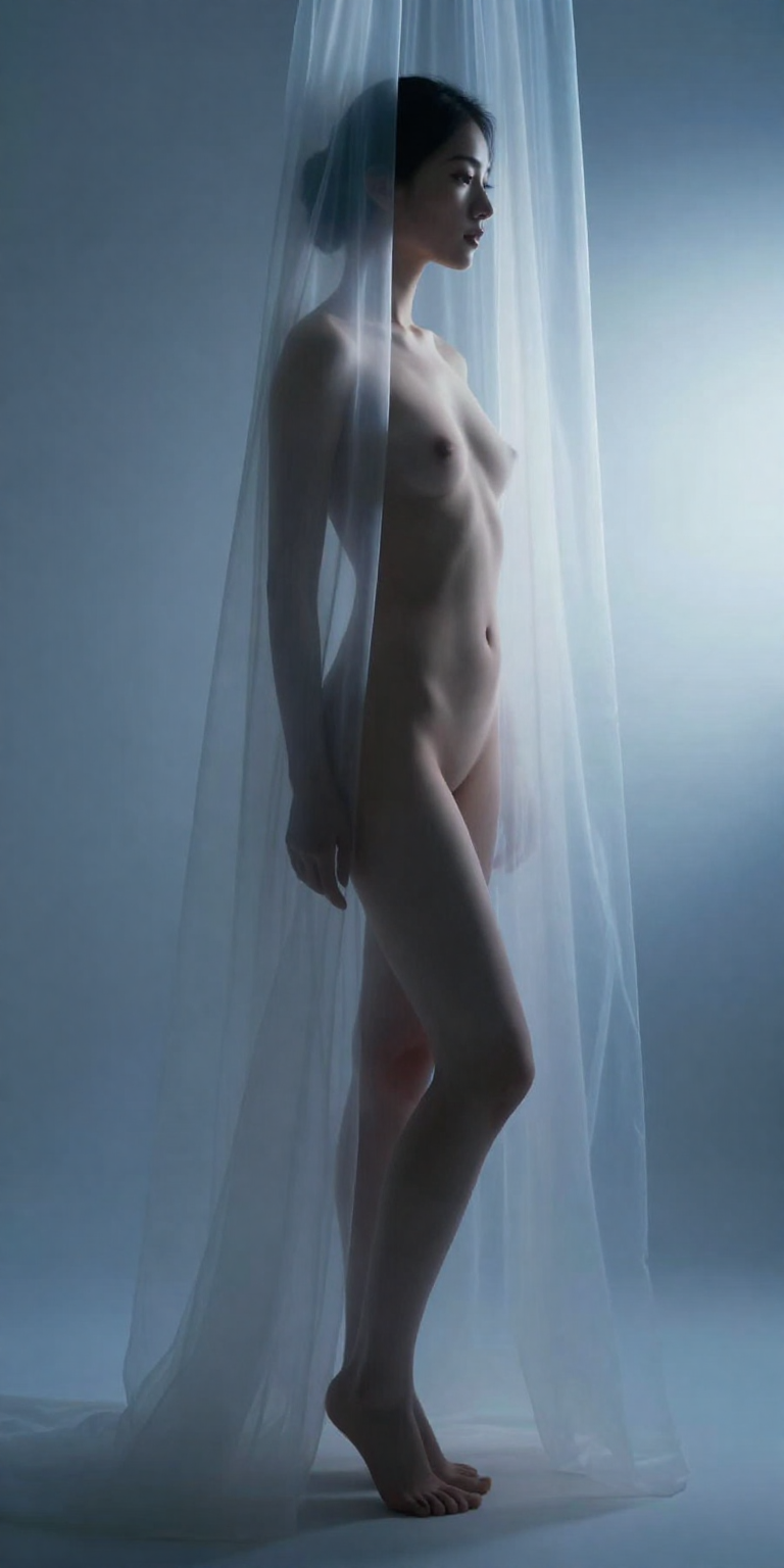 fictional consenting adult woman age 31 in a tasteful artistic nude silhouette behind floor-length translucent drapery,