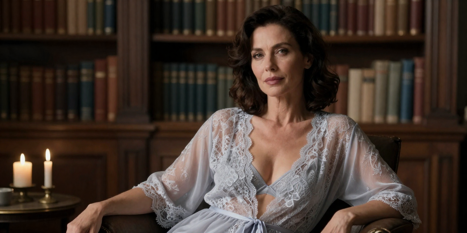 fictional consenting adult woman age 34 in an elegant lace robe over lingerie, candlelit library boudoir