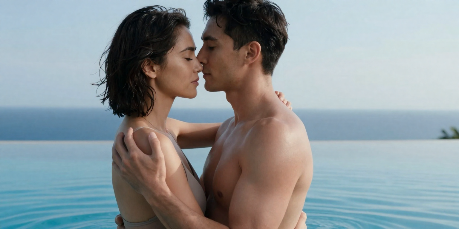 two fictional consenting adults age 30 and 33 in an intimate romantic embrace beside an infinity