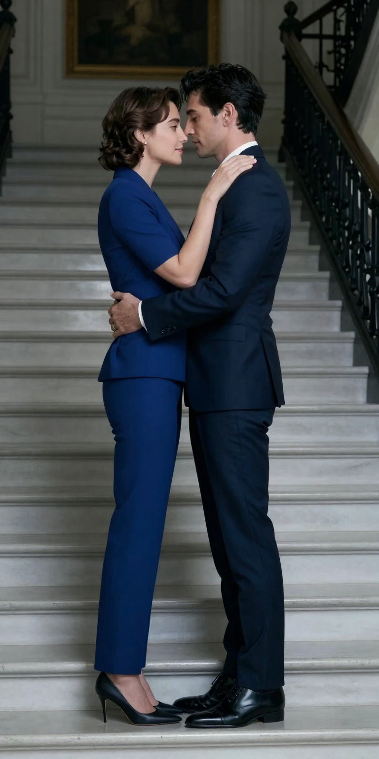 two fictional consenting adults age 30 and 33 in an intimate romantic embrace on a grand